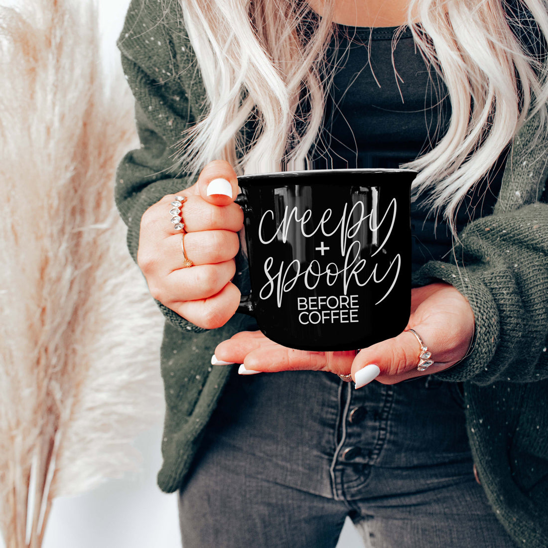 14.5oz Black Ceramic Mug Creepy Before Coffee Design
Microwave Safe Halloween Mug Creepy and Spooky Quote